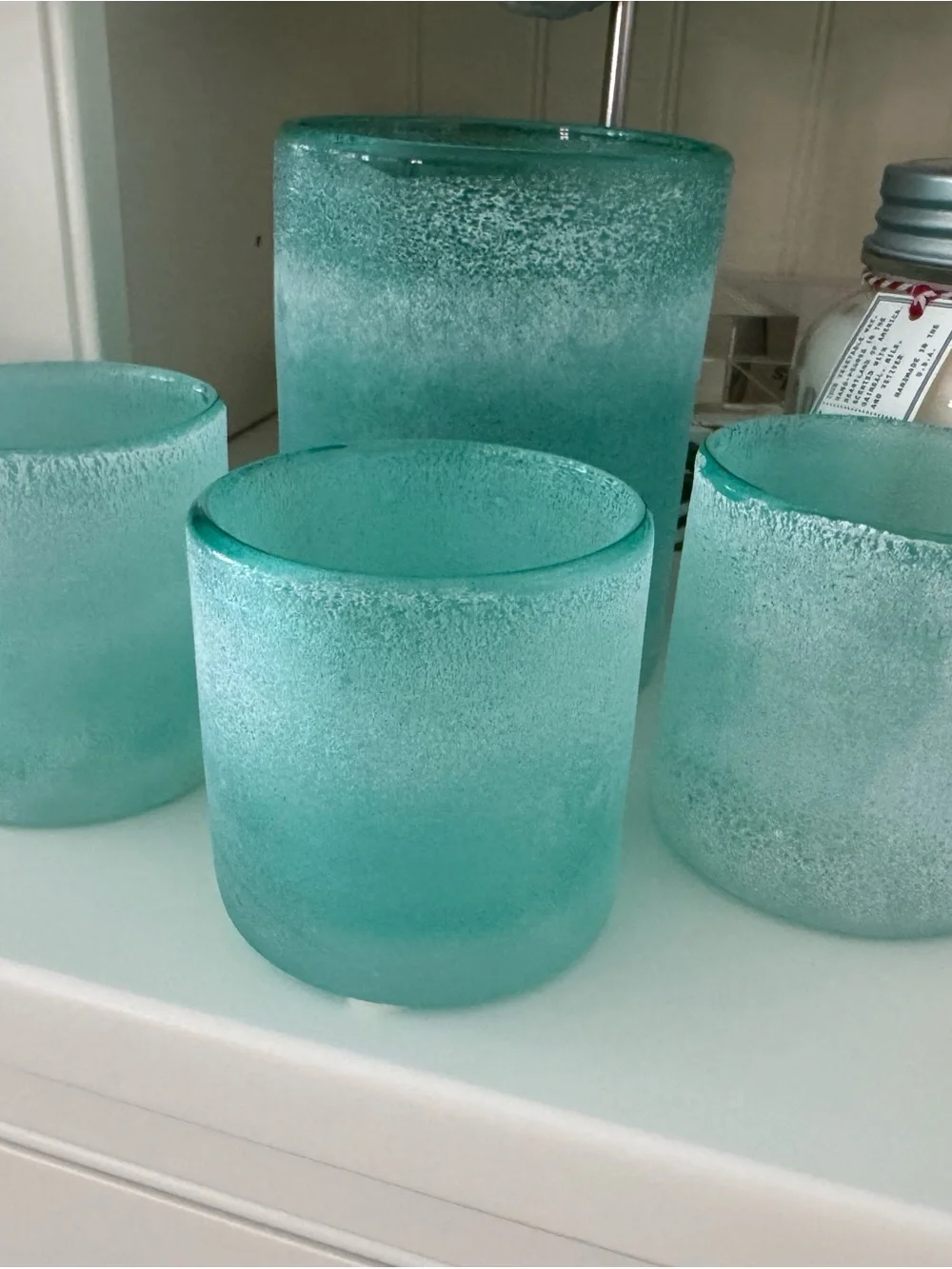 4-Pc West Elm Turquoise Seaglass Frosted Glass Candle Holders - Pottery Barn